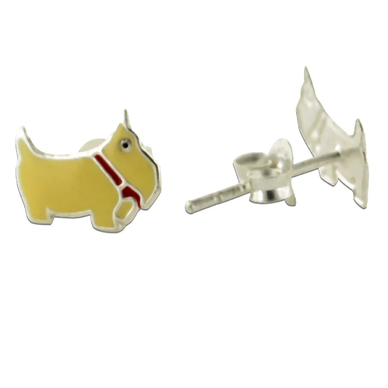 teardrop earrings for women -Yellow Enamel Scottish Terrier Puppy Dog Sterling Silver Studs Post Earrings