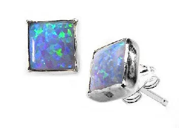 butterfly drop earrings for girls -Sterling Silver Square Created Opal Stud Post Earrings