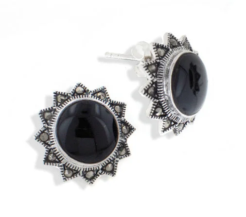 personalized letter earrings for women -Sterling Silver Sun Earrings with Marcasite and Black Onyx