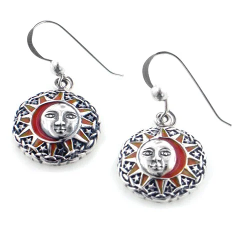 angel halo earrings for women -Sun Goddess Celestial Orange Enamel Sterling Silver Hook Earrings