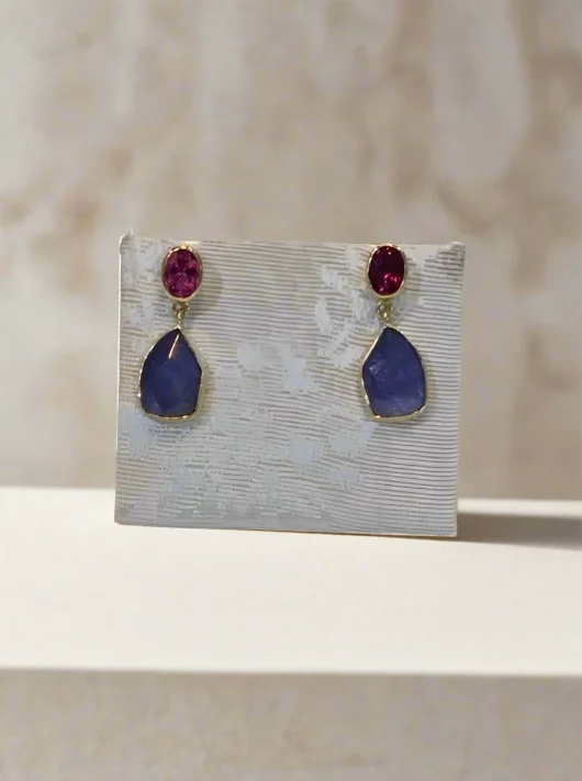 custom engraved earrings for couples -Tanzanite funcy cut and pink tourmaline 18k earrings, one of a kind, Fine earrings, handmade earrings, Greek jewelry