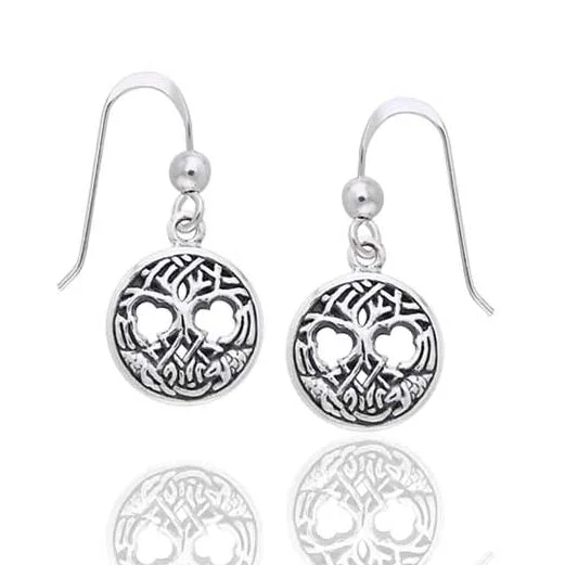 gold hoop earrings for women -United Worlds - Small Sterling Silver Celtic Knot Tree of Life Hook Earrings