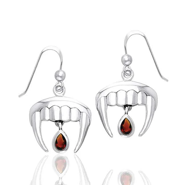 diamond drop earrings for women -Vampire Fangs with Blood Drops Sterling Silver True Garnet Earrings